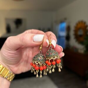 Jhumka Gold and Red Dangle Earrings from India 🇮🇳